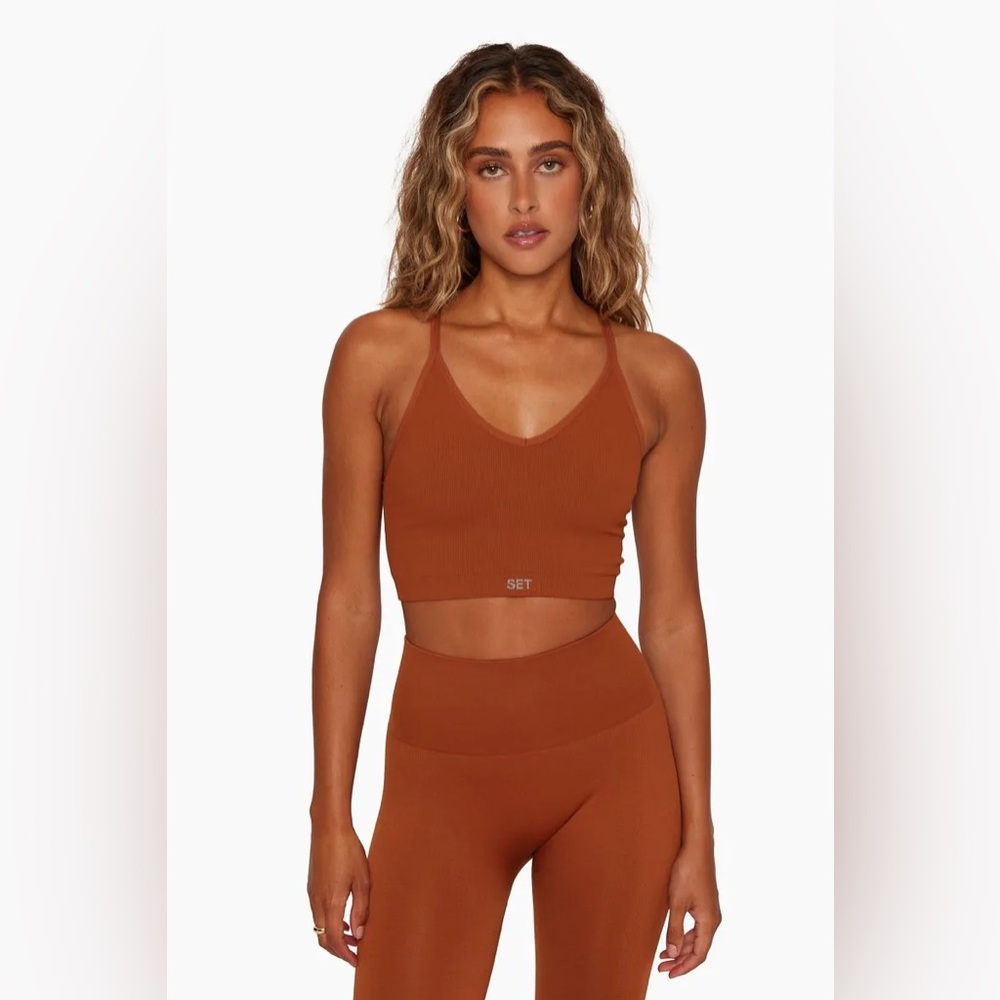 🌟 SET ACTIVE Sculptflex Ribbed Racer V Bra Clay Brown XL Workout Seamless